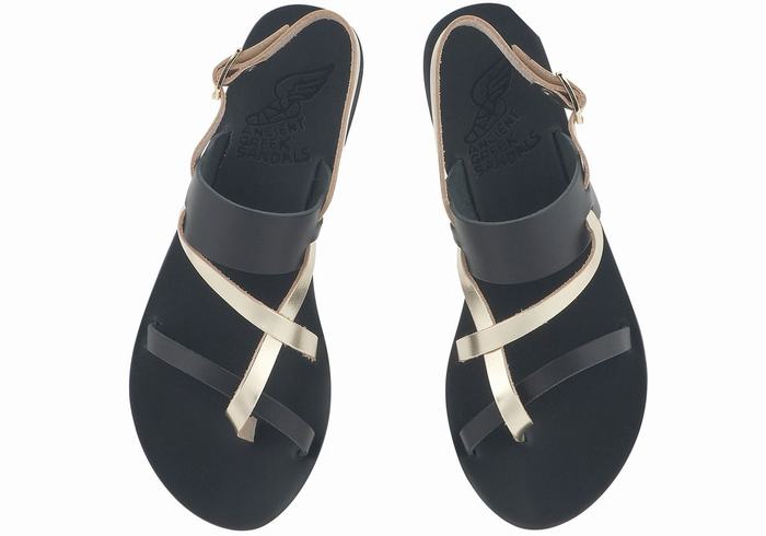 Ancient Greek Sandals Alethea Leather Women Back-Strap Sandals Black Gold White | TYU795YT