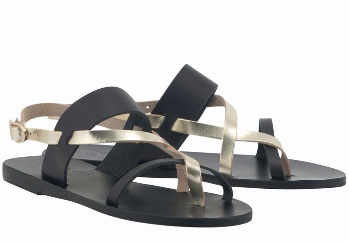 Ancient Greek Sandals Alethea Leather Women Back-Strap Sandals Black Gold White | TYU795YT