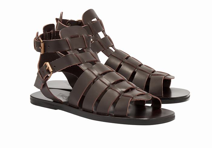 Ancient Greek Sandals Alexandros Leather Men Fisherman Sandals Chocolate | NWB7736KH