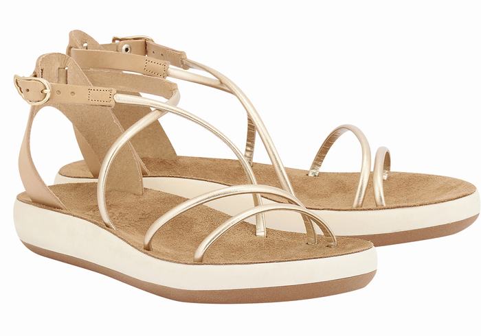 Ancient Greek Sandals Anastasia Comfort Women Ankle Strap Sandals Beige Gold White | OZT8127HS