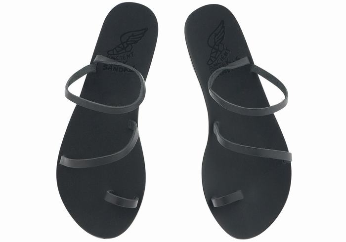 Ancient Greek Sandals Apli Eleftheria Leather Women Toe-Post Sandals Black | FUA426XN