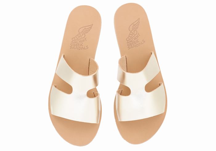 Ancient Greek Sandals Apteros Women Slide Sandals Gold White | TQK4233KM