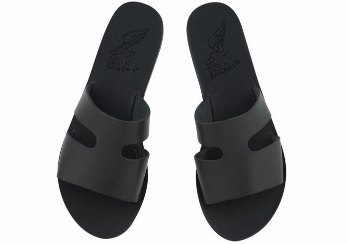 Ancient Greek Sandals Apteros Women Slide Sandals Black | NUV2527PE