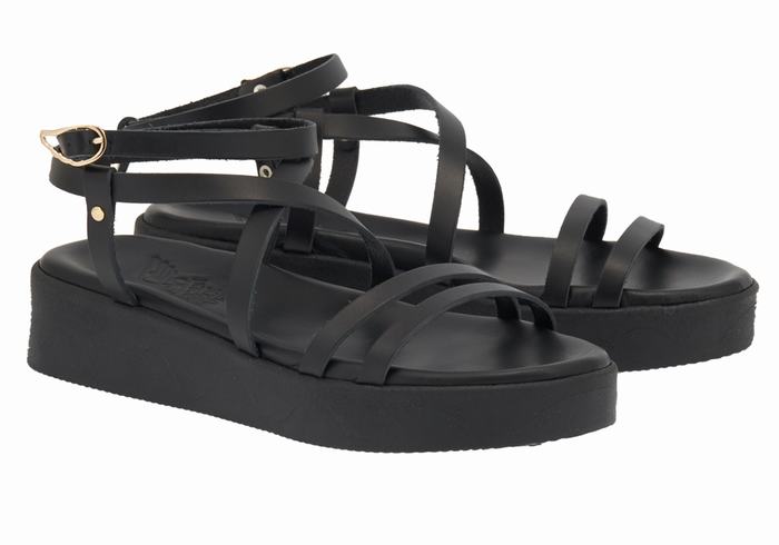 Ancient Greek Sandals Aristea Leather Women Platform Sandals Black | SRO2028EO