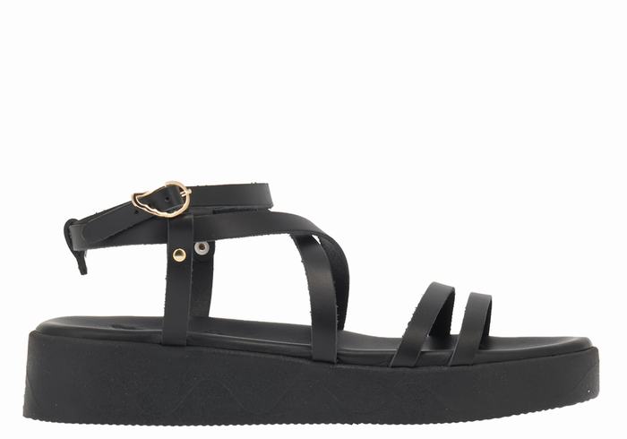 Ancient Greek Sandals Aristea Leather Women Platform Sandals Black | SRO2028EO