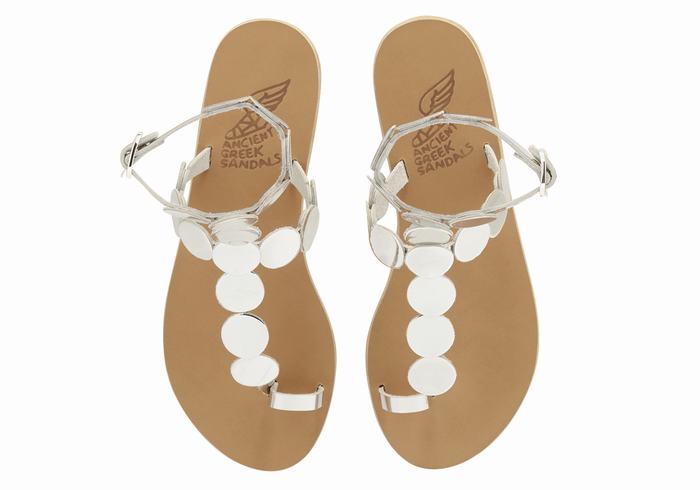 Ancient Greek Sandals Asteras Leather Women Toe-Post Sandals Silver | MPE5998IM