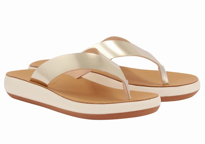 Ancient Greek Sandals Charys Comfort Women Flip Flops Gold White | DSD5246DL