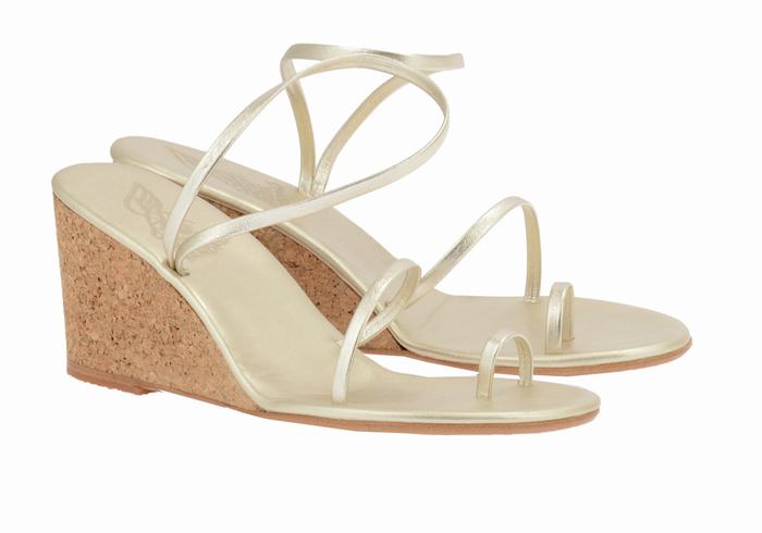 Ancient Greek Sandals Chora Mid Women Wedge Sandals Gold White | DBD9186JK