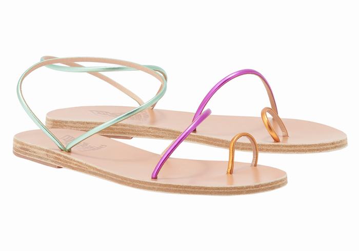 Ancient Greek Sandals Chora Women Toe-Post Sandals Gold Purple Green | EDX1582MN