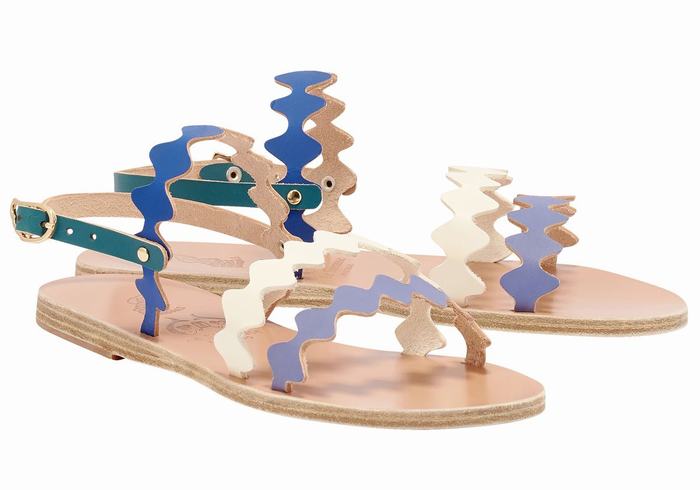 Ancient Greek Sandals Clio Onda Women Back-Strap Sandals Blue White | FRY1018JY