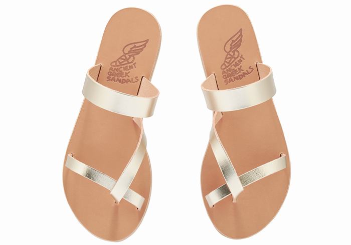 Ancient Greek Sandals Daphnae Leather Women Slide Sandals Gold White | HFK3419DI