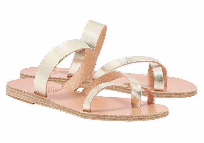 Ancient Greek Sandals Daphnae Leather Women Slide Sandals Gold White | HFK3419DI