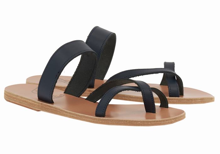 Ancient Greek Sandals Daphnae Leather Women Slide Sandals Dark Blue | VSN9018NV