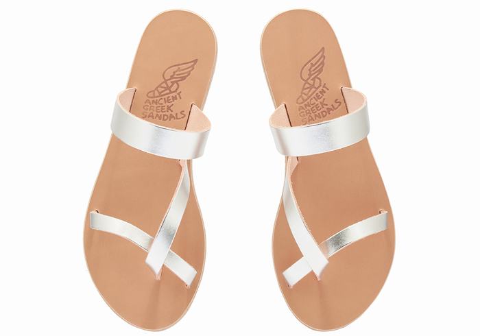 Ancient Greek Sandals Daphnae Leather Women Slide Sandals Silver | ZMA263VM