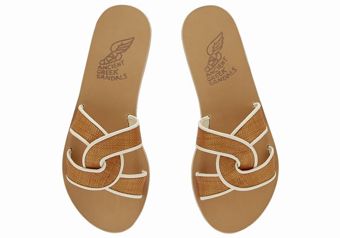 Ancient Greek Sandals Desmos Women Slide Sandals Brown White | PPM4058LY