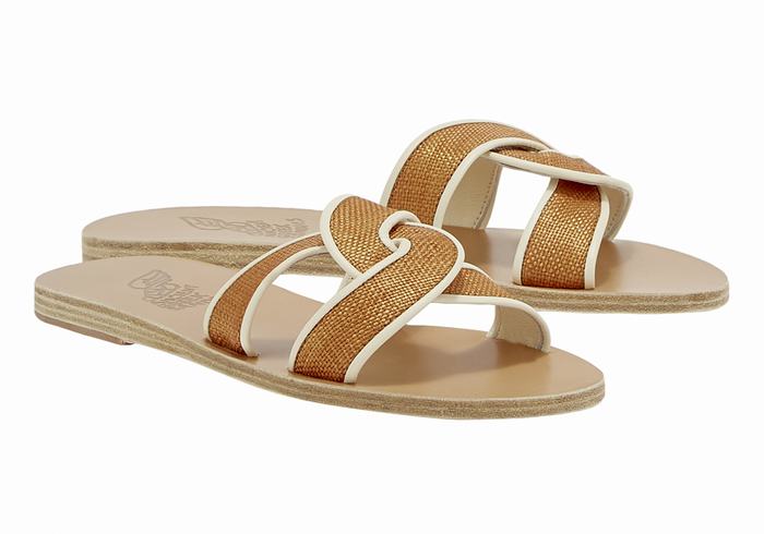 Ancient Greek Sandals Desmos Women Slide Sandals Brown White | PPM4058LY