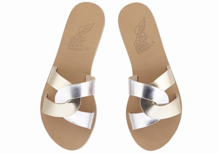 Ancient Greek Sandals Desmos Women Slide Sandals Gold White Silver | UNP6030PO