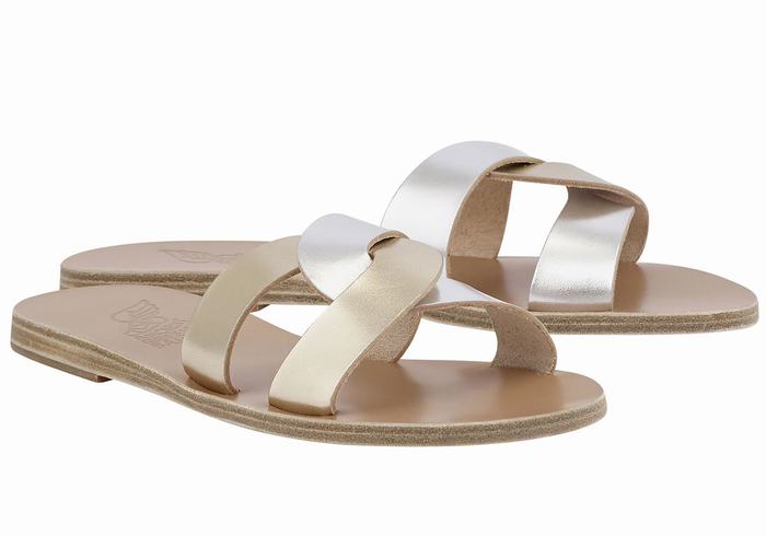 Ancient Greek Sandals Desmos Women Slide Sandals Gold White Silver | UNP6030PO