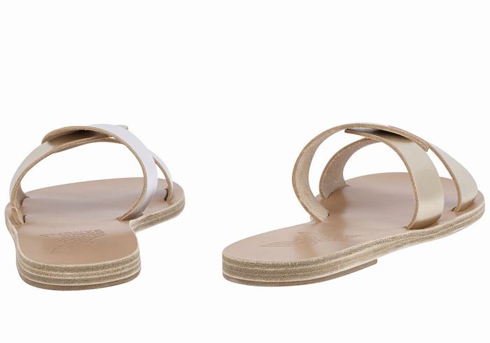 Ancient Greek Sandals Desmos Women Slide Sandals Gold White Silver | UNP6030PO