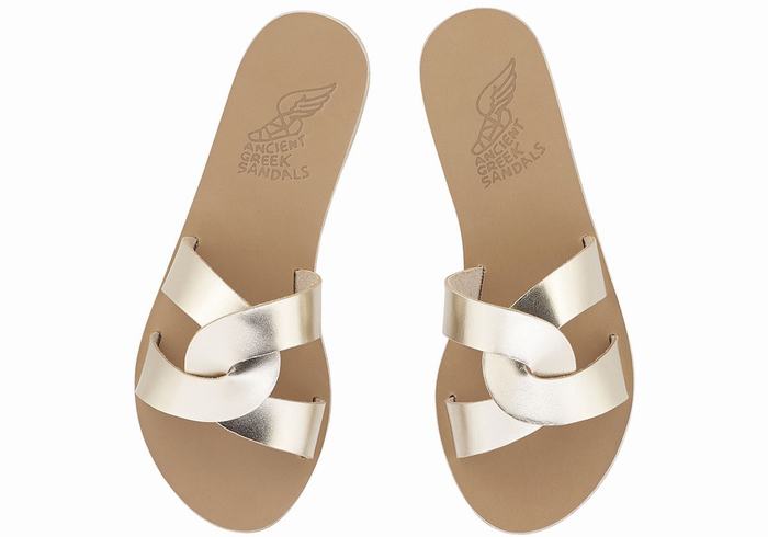 Ancient Greek Sandals Desmos Women Slide Sandals Gold White | UVI4883WG