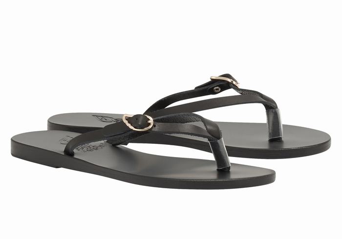 Ancient Greek Sandals Dihalo Leather Women Flip Flops Black | HFT5796OH