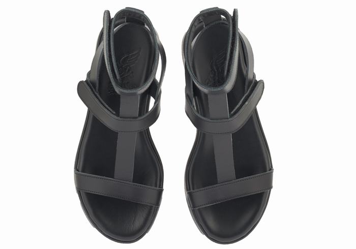 Ancient Greek Sandals Efrosini Leather Women Platform Sandals Black | QEP4049OQ