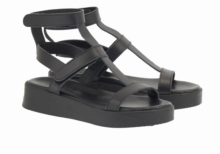 Ancient Greek Sandals Efrosini Leather Women Platform Sandals Black | QEP4049OQ