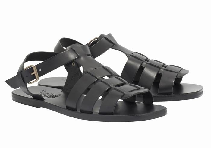 Ancient Greek Sandals Ektoras Leather Men Fisherman Sandals Black | SPY965DZ