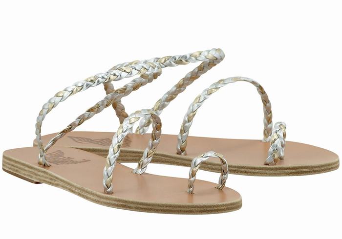 Ancient Greek Sandals Eleftheria Leather Women Braided Sandals Silver Gold White | XCS5280VS