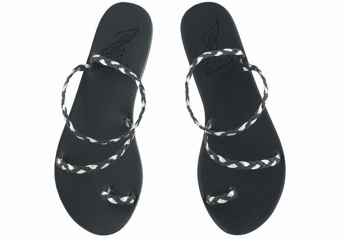 Ancient Greek Sandals Eleftheria Leather Women Braided Sandals Black Gold White | SEJ9177AN