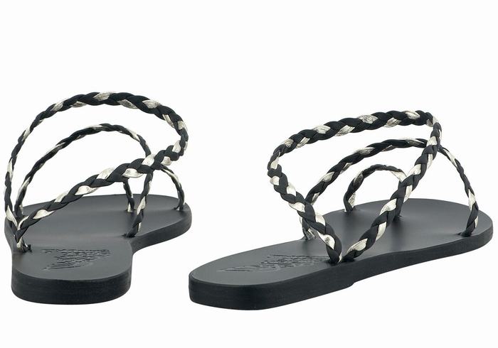 Ancient Greek Sandals Eleftheria Leather Women Braided Sandals Black Gold White | SEJ9177AN