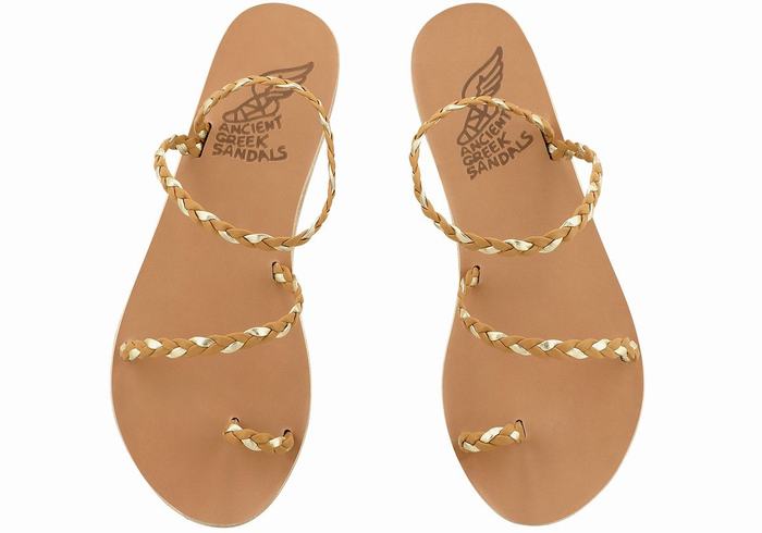 Ancient Greek Sandals Eleftheria Leather Women Braided Sandals Beige Gold White | OSQ8053PH