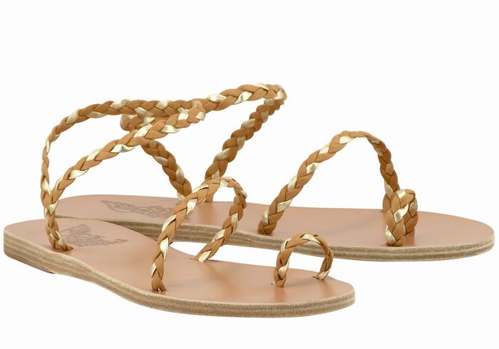 Ancient Greek Sandals Eleftheria Leather Women Braided Sandals Beige Gold White | OSQ8053PH