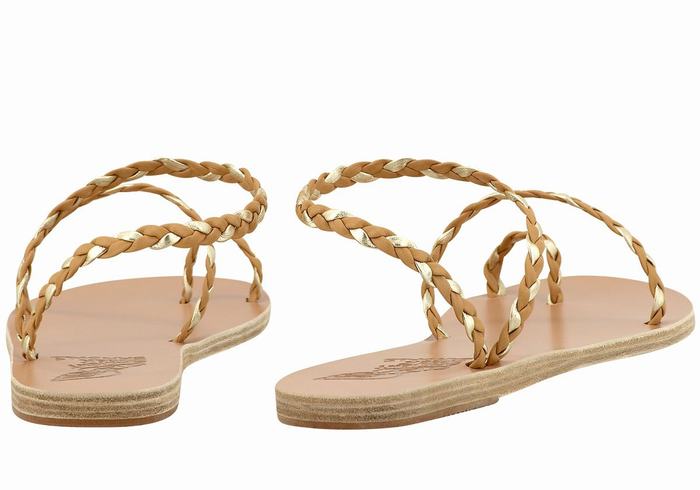 Ancient Greek Sandals Eleftheria Leather Women Braided Sandals Beige Gold White | OSQ8053PH