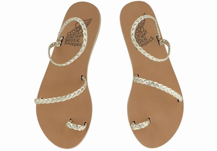 Ancient Greek Sandals Eleftheria Leather Women Braided Sandals Gold White | GSB774HO