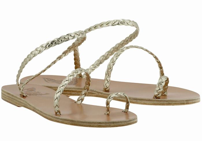 Ancient Greek Sandals Eleftheria Leather Women Braided Sandals Gold White | GSB774HO