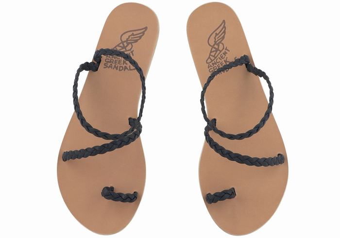 Ancient Greek Sandals Eleftheria Leather Women Braided Sandals Dark Blue | IDD507NA