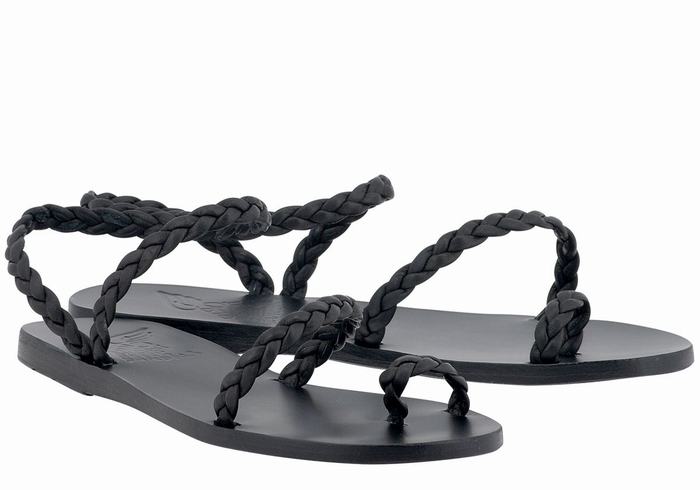 Ancient Greek Sandals Eleftheria Leather Women Braided Sandals Black | BKQ9238NI