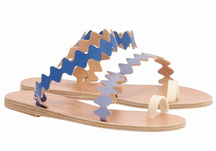 Ancient Greek Sandals Eleftheria Onda Leather Women Toe-Post Sandals Blue White | UWC3042AT