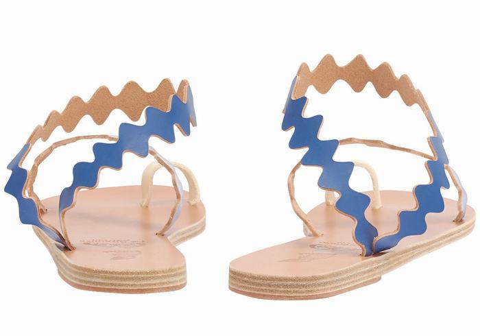 Ancient Greek Sandals Eleftheria Onda Leather Women Toe-Post Sandals Blue White | UWC3042AT