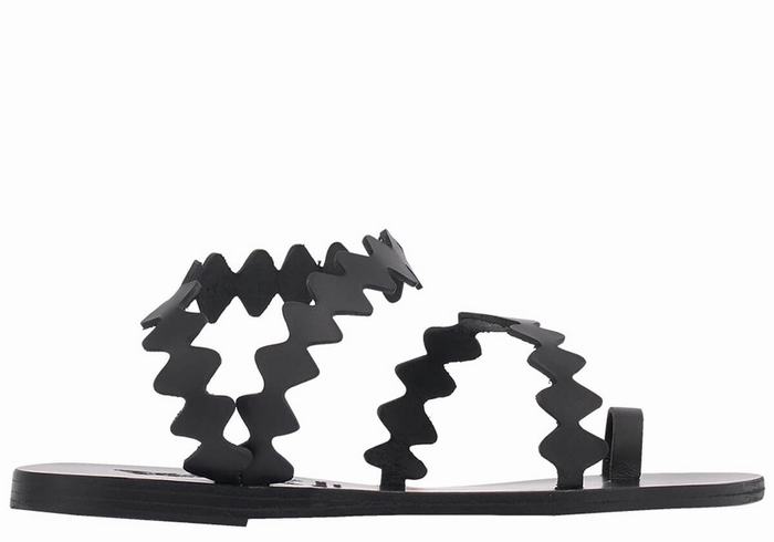 Ancient Greek Sandals Eleftheria Onda Leather Women Toe-Post Sandals Black | TJI3699EK