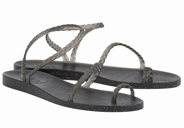 Ancient Greek Sandals Eleftheria Women Braided Sandals Black Gold | YDJ789HA