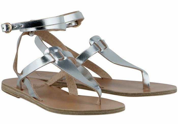 Ancient Greek Sandals Estia Leather Women Ankle Strap Sandals Silver | TYQ764II