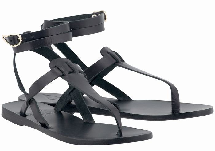 Ancient Greek Sandals Estia Leather Women Ankle Strap Sandals Black | WER2783PP