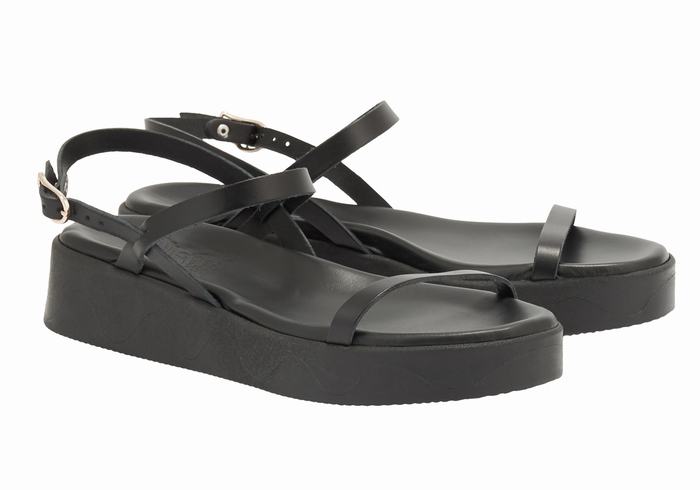 Ancient Greek Sandals Evriali Leather Women Platform Sandals Black | HAW3683XW