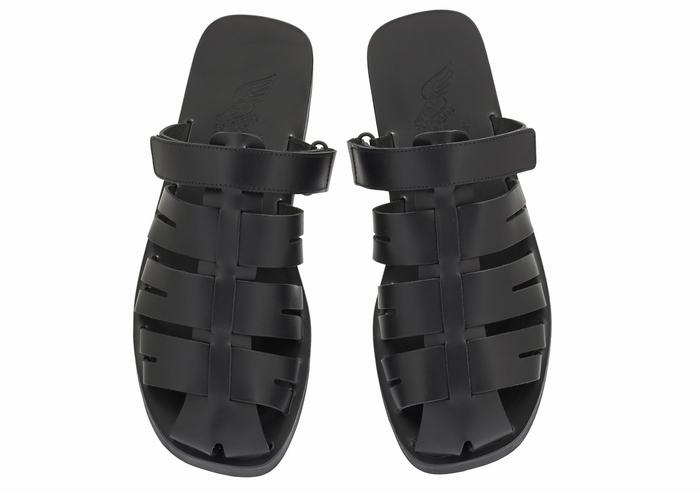 Ancient Greek Sandals Filoklis Leather Men Fisherman Sandals Black | HAE4842QR