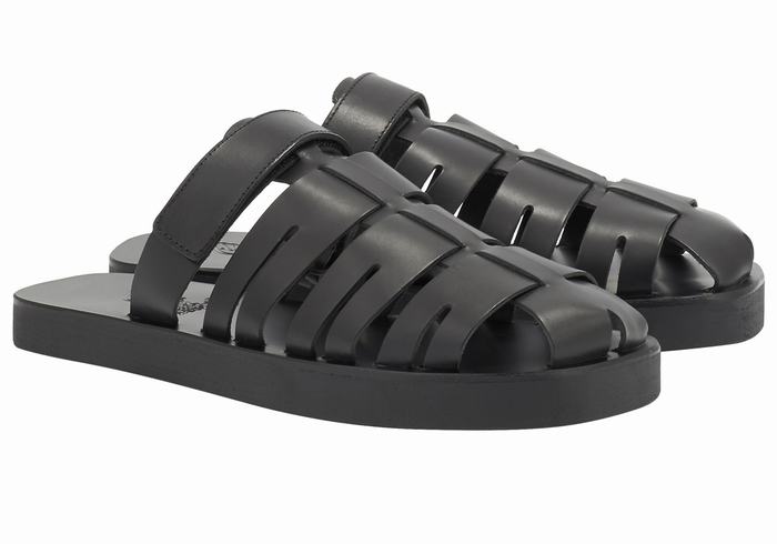 Ancient Greek Sandals Filoklis Leather Men Fisherman Sandals Black | HAE4842QR