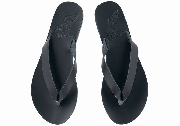 Ancient Greek Sandals Hera Leather Women Flip Flops Black | NGD206LD