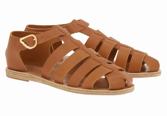 Ancient Greek Sandals Homeria Leather Women Fisherman Sandals Dark Brown | DIX5047NG