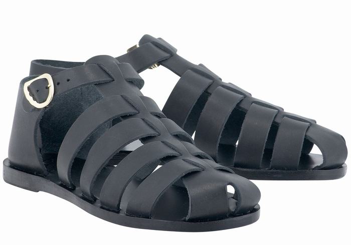 Ancient Greek Sandals Homeria Leather Women Fisherman Sandals Black | JHV555OO